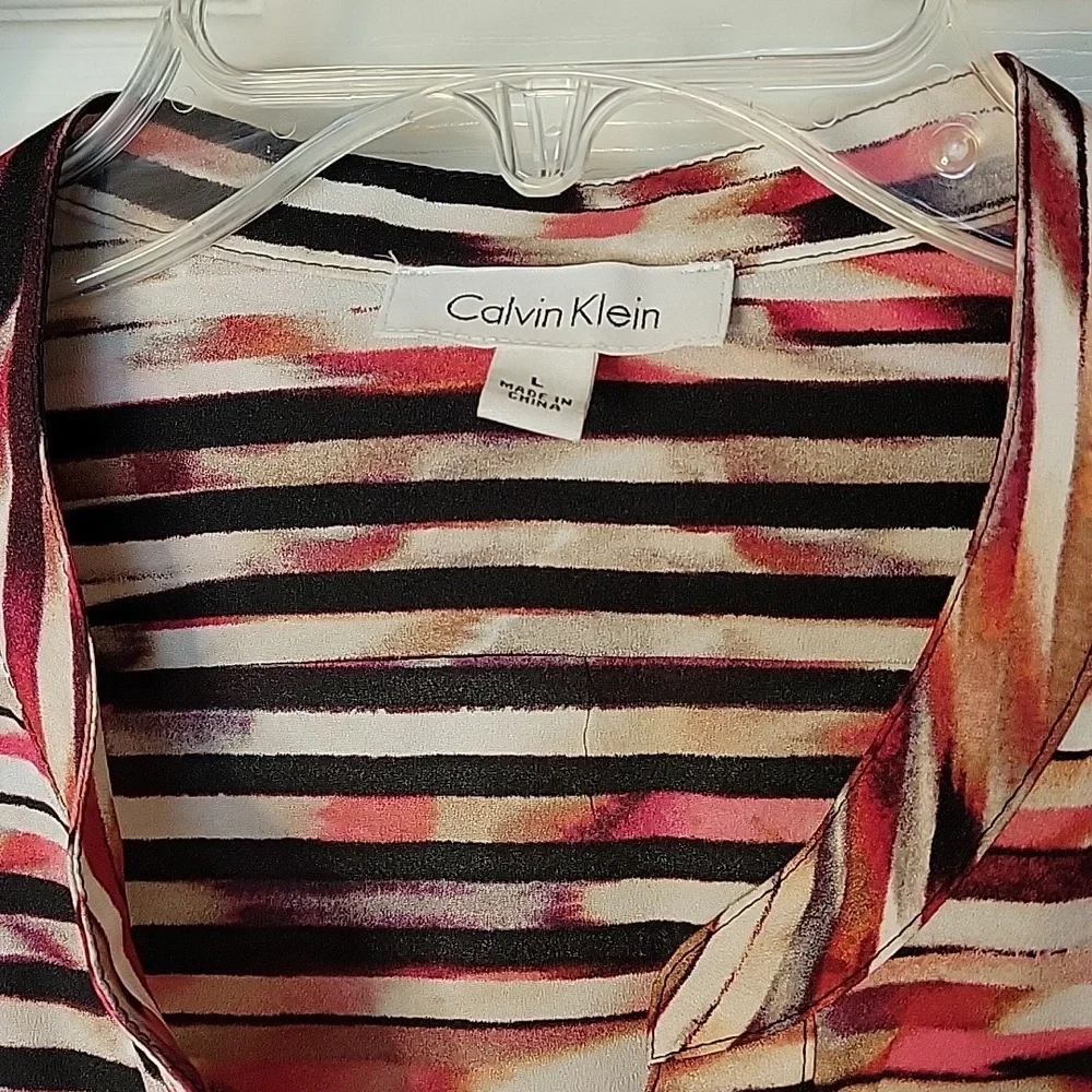 Calvin Klein Blouse Large Pink Purple Black White Tan Stripe Military
